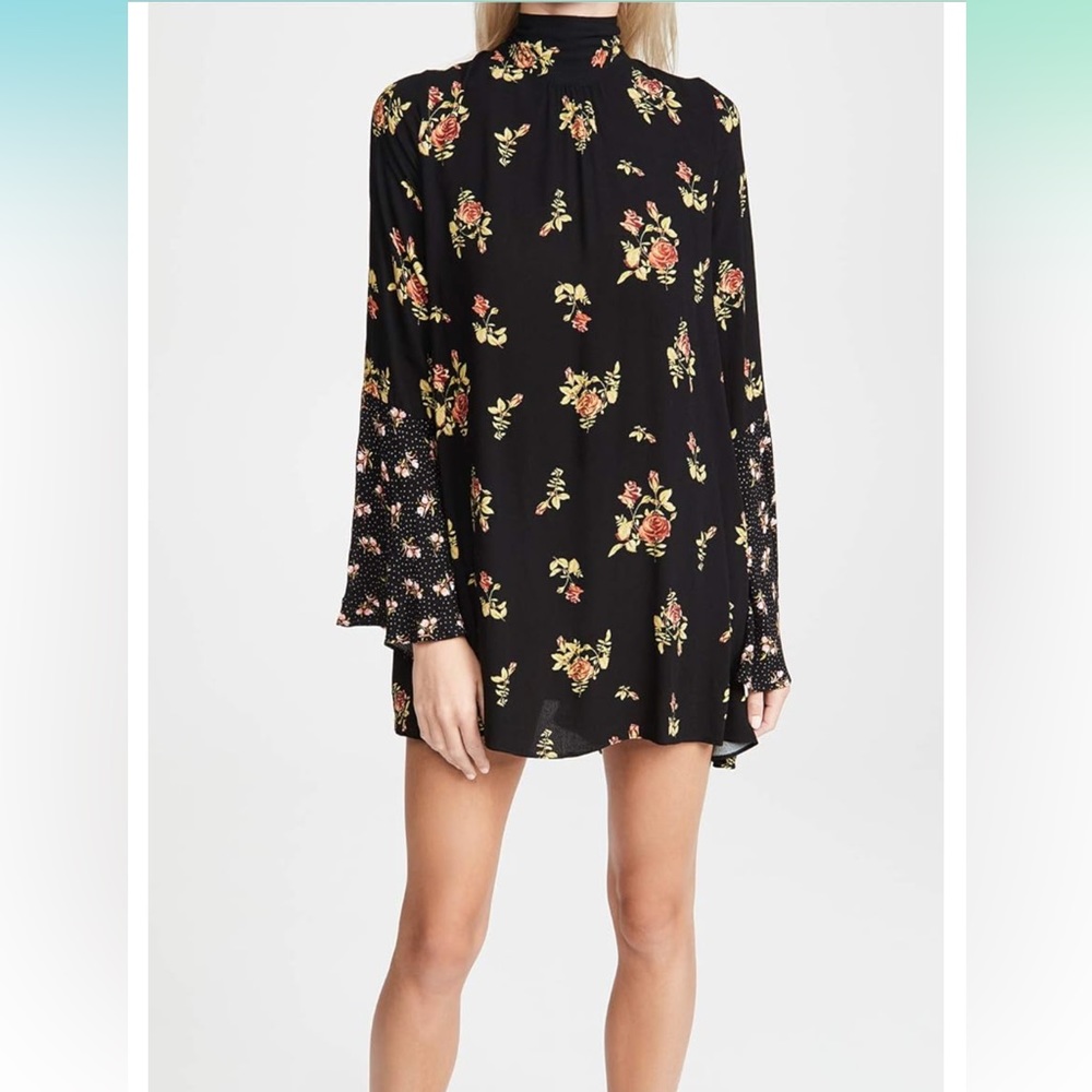 Free People Black Floral Bell Sleeve Mini Dress